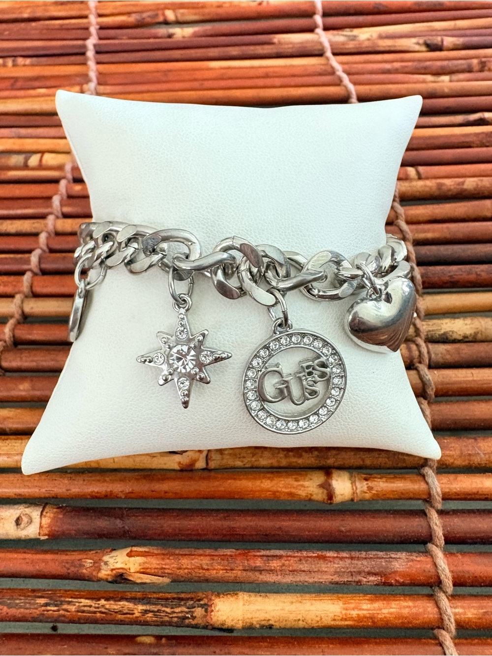 Guess Silver-Tone Charm Bracelet with Logo and Heart Adjustable Slider 7”-8”